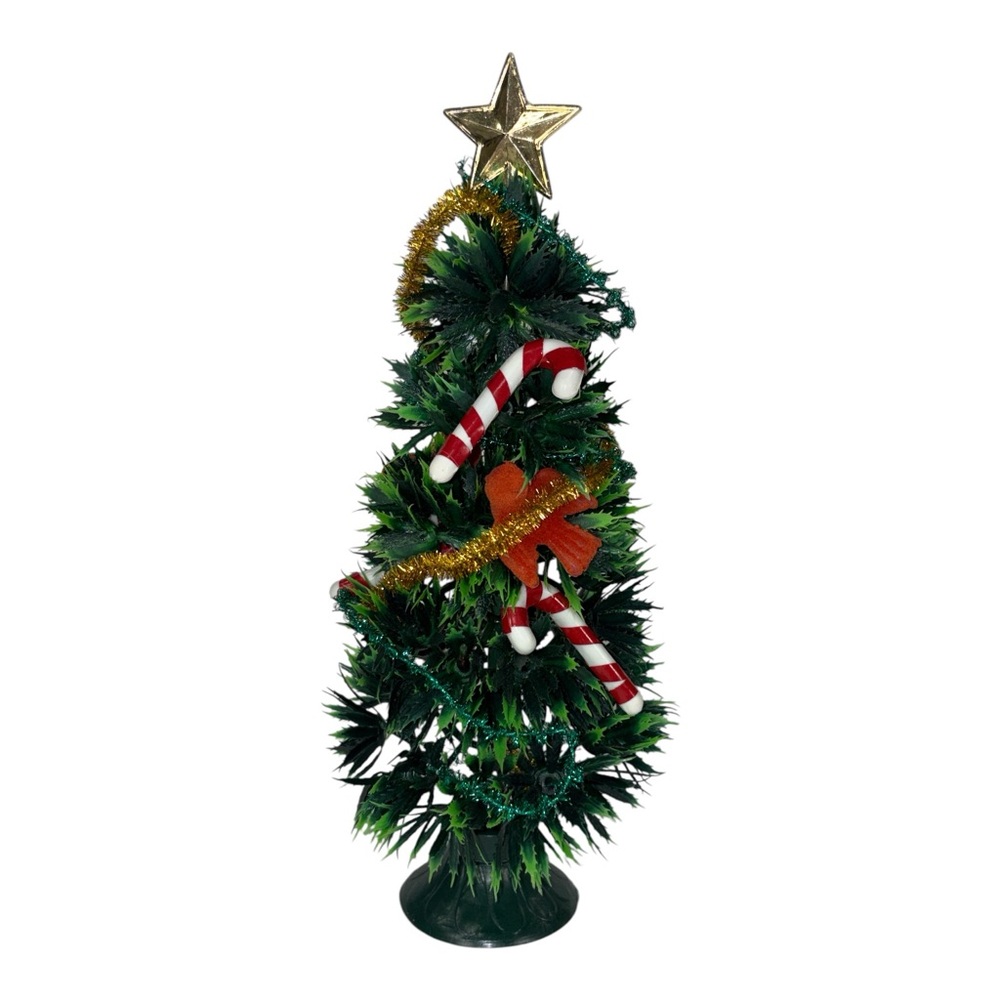 Vintage 13" Plastic Tabletop Decorated Christmas Tree MCM Candy Canes Garland